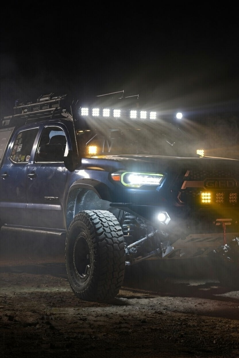 Toyota off road truck in the dark, with lights on.