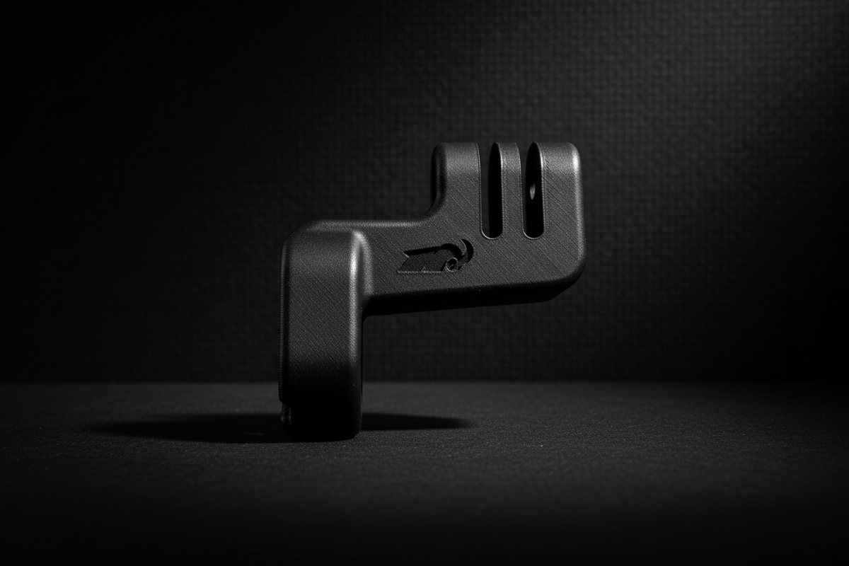 Black camera mount on a dark background