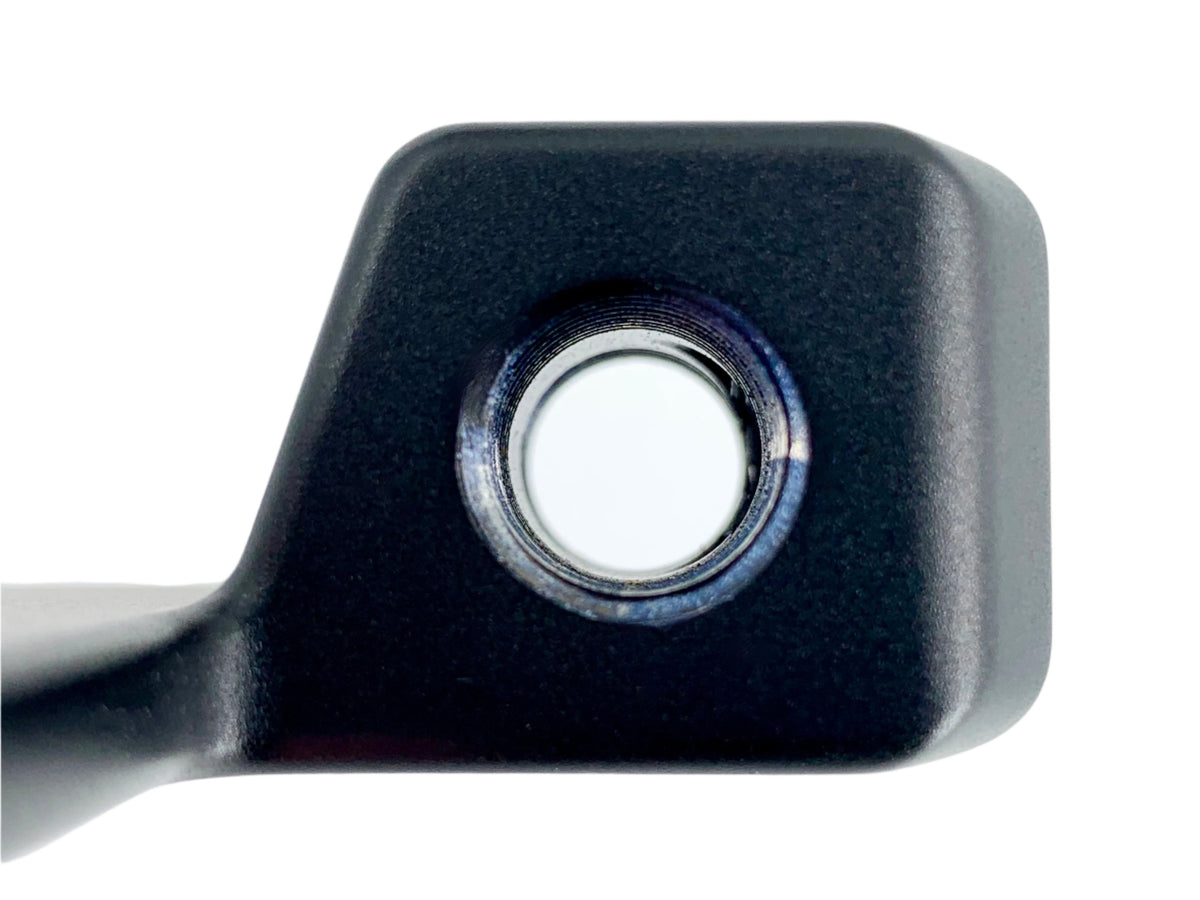 black metal bracket with threaded hole.