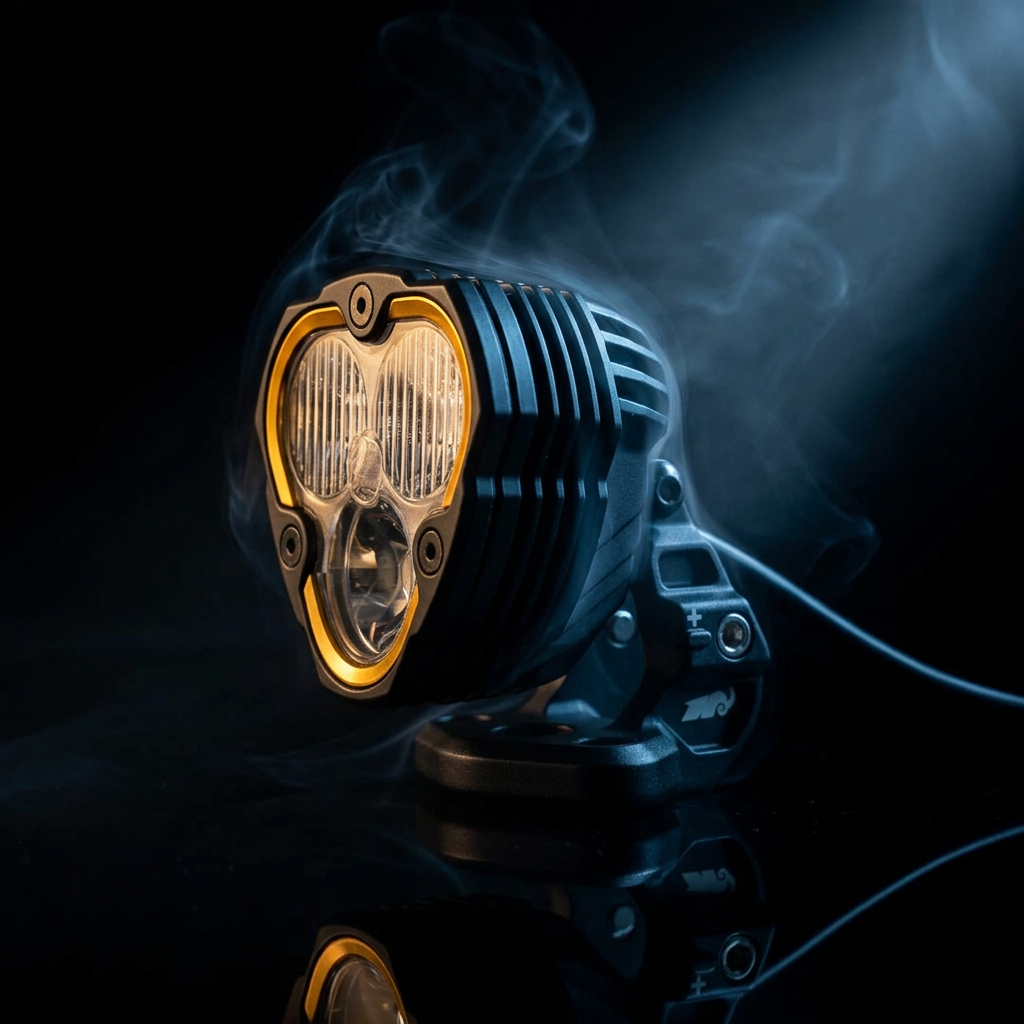 A rugged off-road LED headlight with a black ribbed housing and a gold-colored front bezel, shown on a reflective black surface with dramatic smoke and light beams in the background.