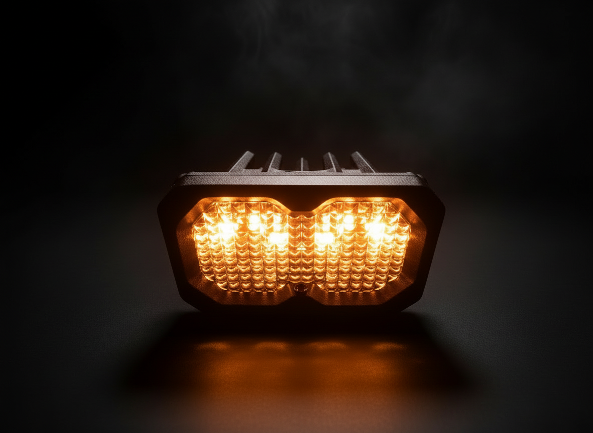 Amber LED light on a dark background