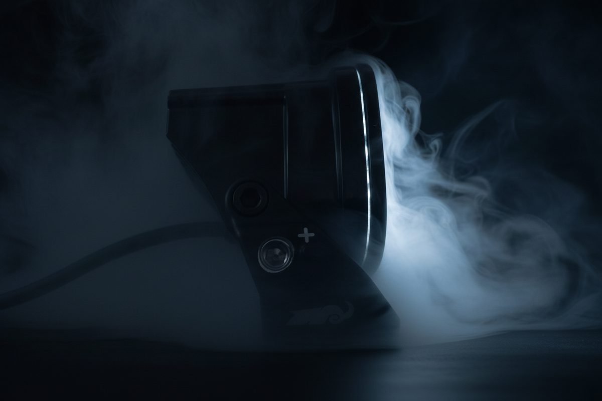 Black LED light with smoke effect on a dark background