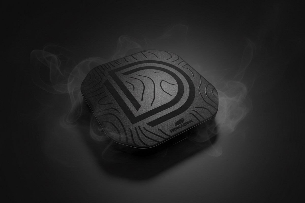 Black and gray product with a logo on a dark background