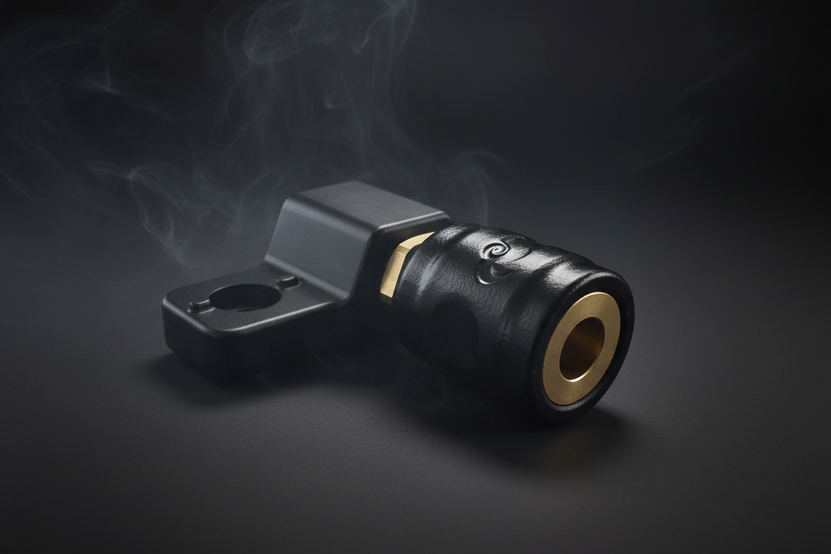 Black and gold mechanical component with smoke on a dark background