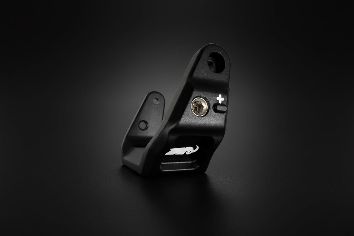 Black metal bracket with a logo on a white background