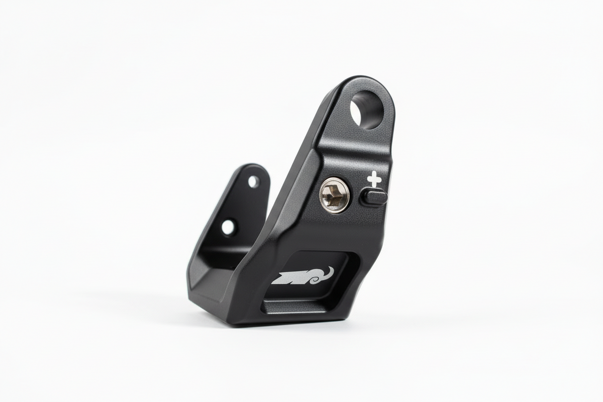 Black metal bracket with a brand logo on a white background