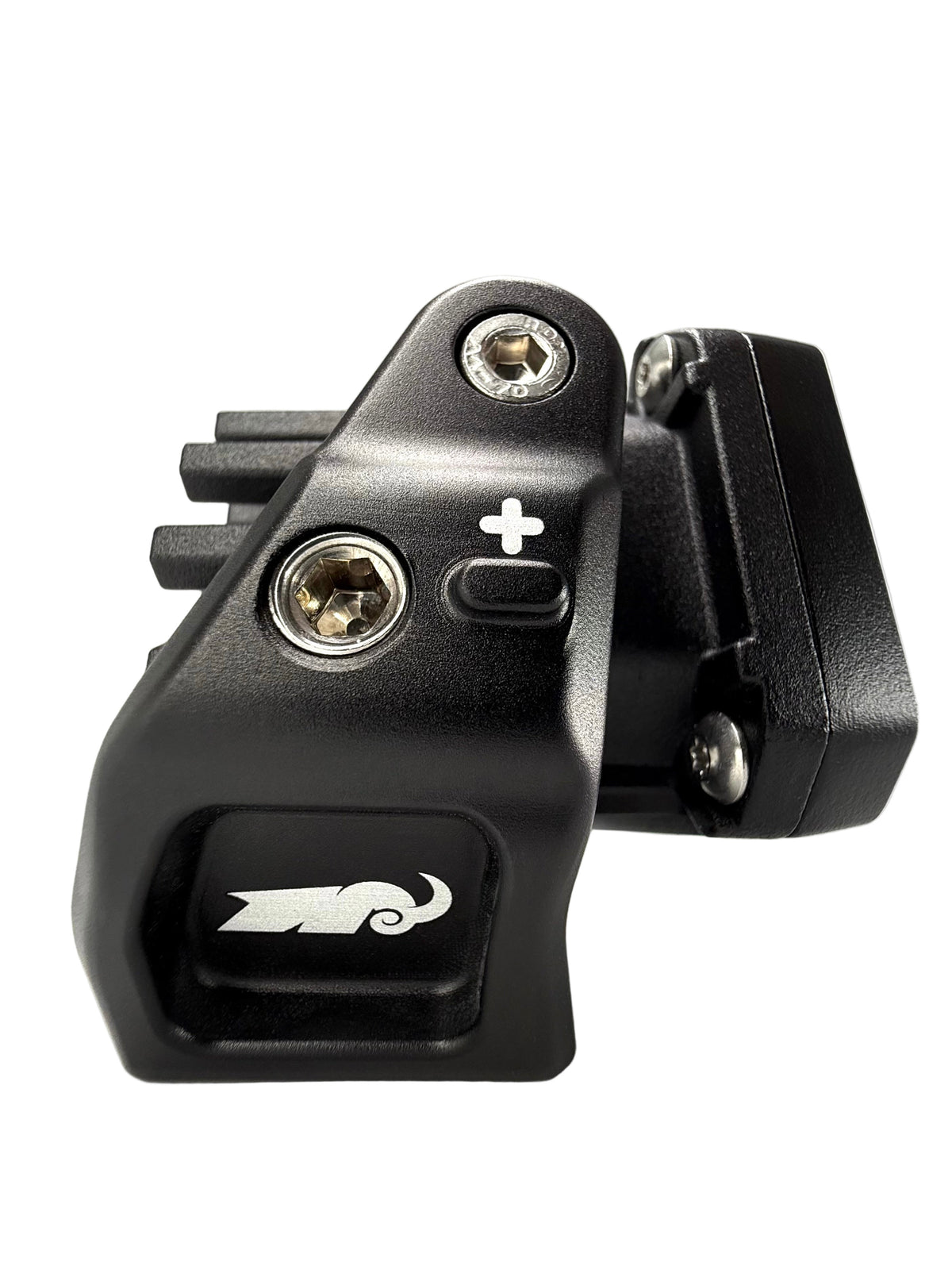 Black bracket with a logo on a white background