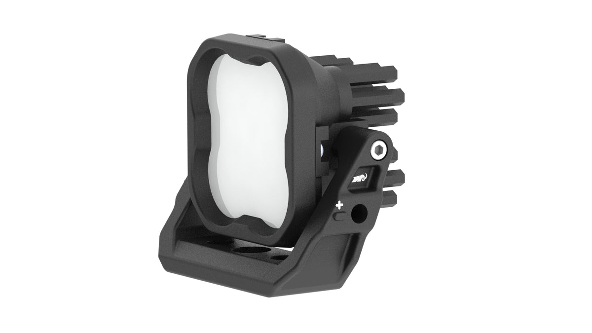 Black aluminum dual-axis mounting bracket for off-road lighting, with a clear central area and expansion mounting points.