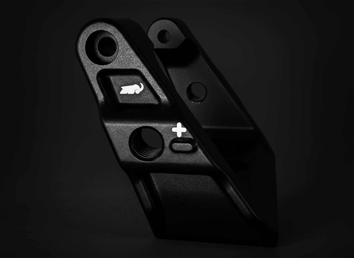 Black mechanical component with brand logo on a dark background