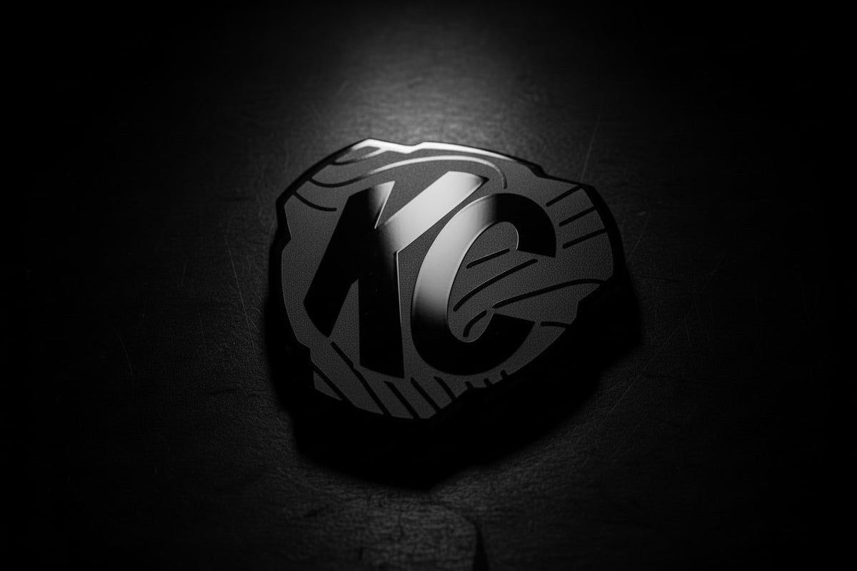 Glossy dark decal on a dark textured surface.