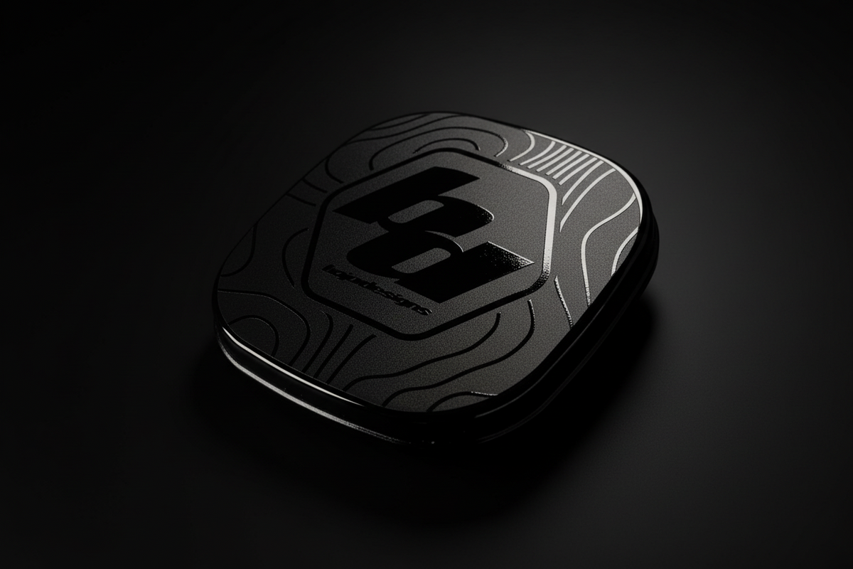 Black and white geometric decal with a central logo on a dark background