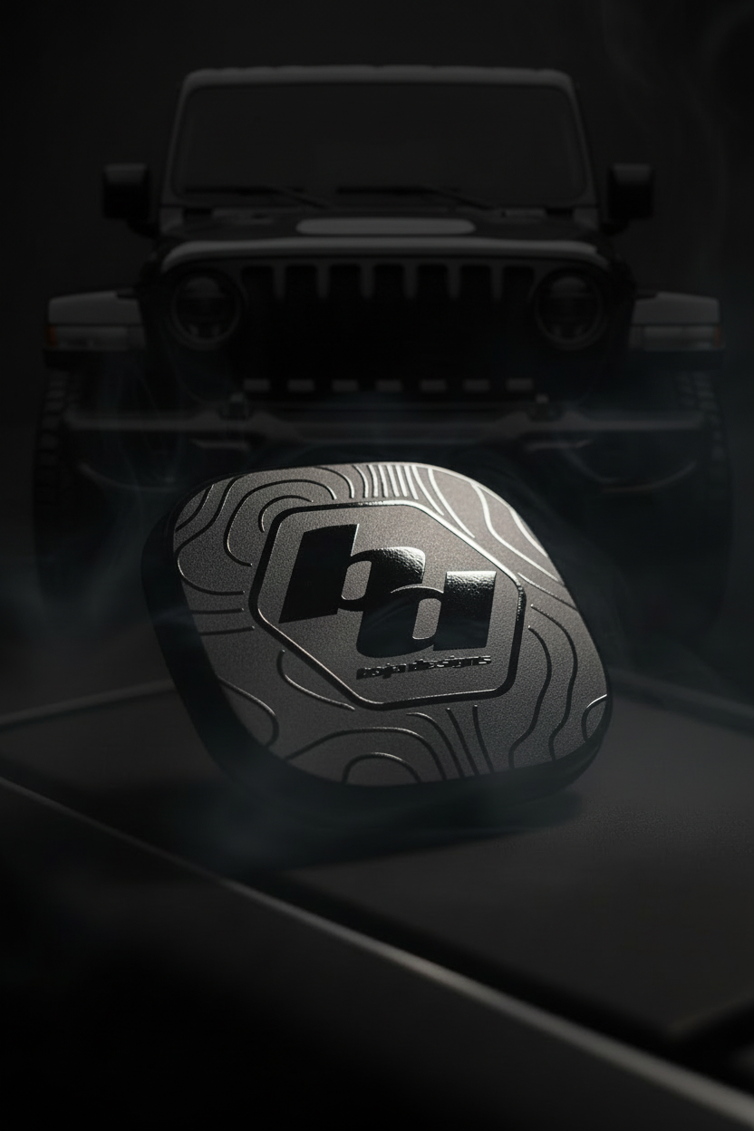 Close-up of a decal with 'bd' branding on a dark background