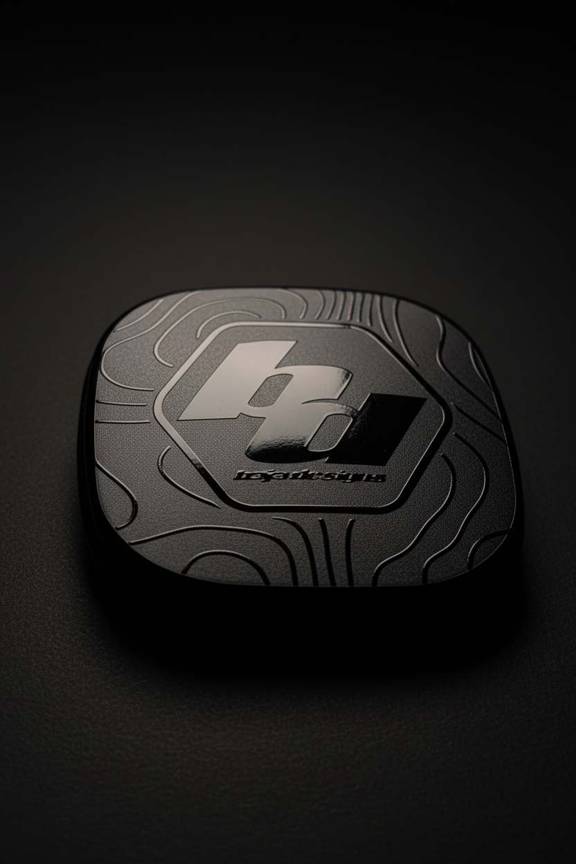 Black textured decal with a logo on a black background