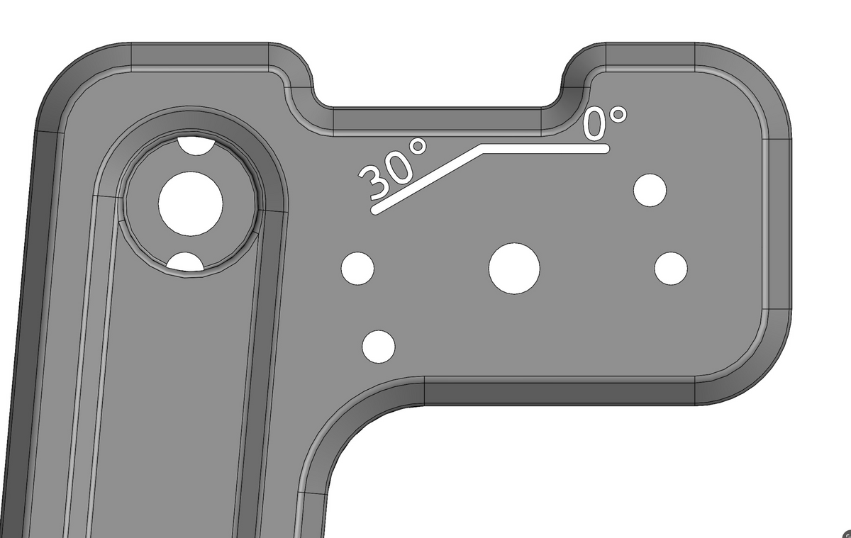 CAD view, Insight Base Mount.  Close up view of angled three hole dual position mounting holes.  