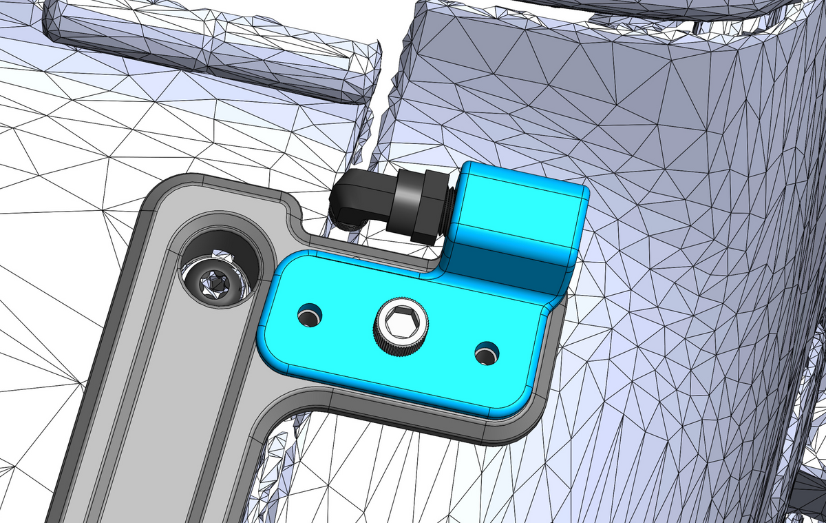 Close up, top down view of Air Expansion bracket and air fitting that allows use of the body panel seam.  This was designed on purpose, to allow for simple routing of an air hose.  