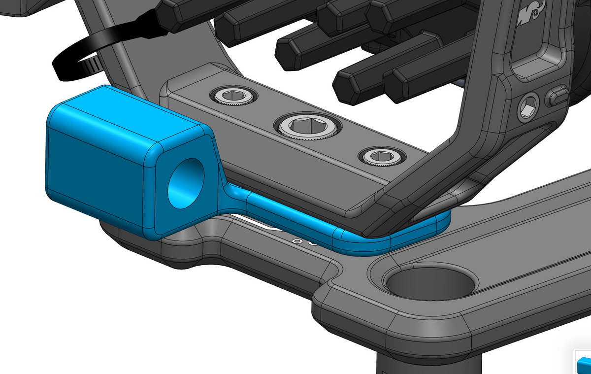 Close up CAD view of air expansion plate, nested between Insight Base Mount JL and a Bracket.