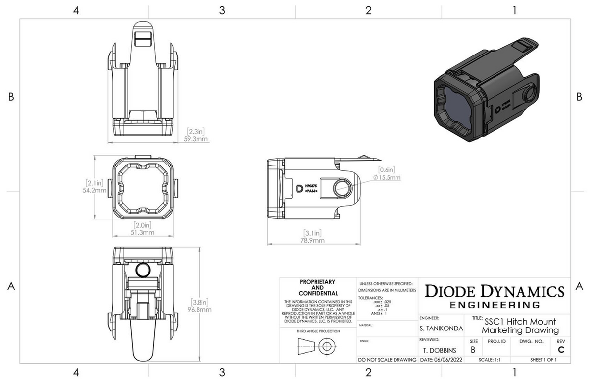 Diode Dynamics HitchMount Reverse Light Mechanical Drawing