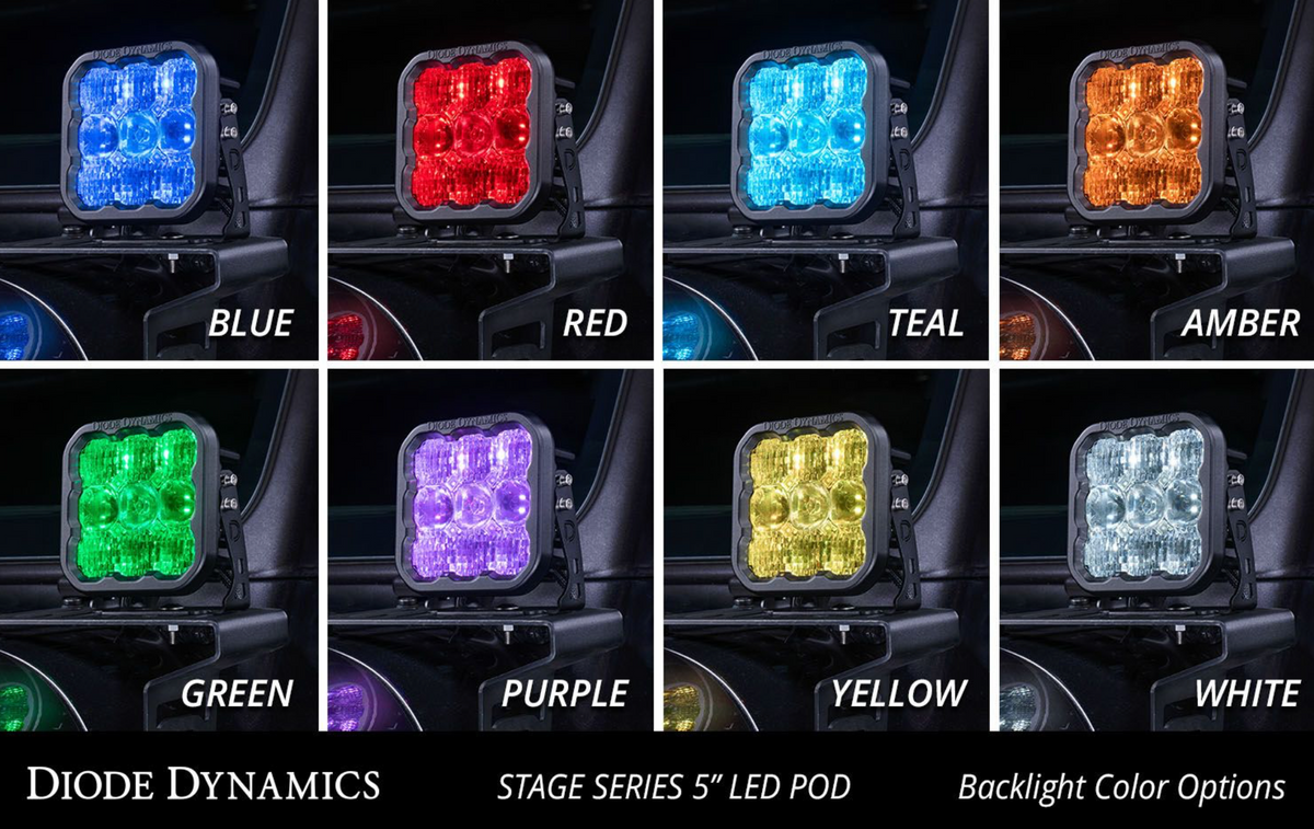 Diode Dynamics SS5 lights, showing the different backlight color options. 