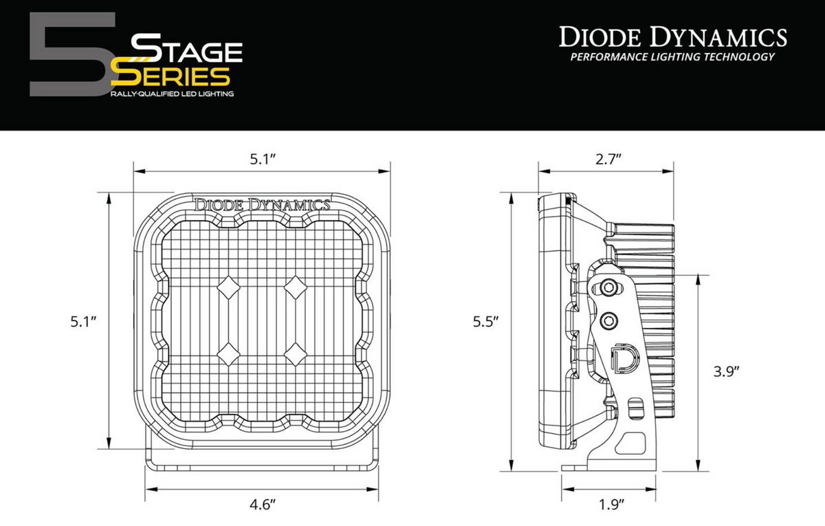 Diode Dynamics SS5 lights, technical CAD drawing.