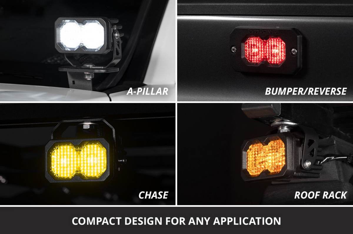 Collage of different car lights with labels for A-pillar, Bumper/Reverse, Chase, and Roof Rack.