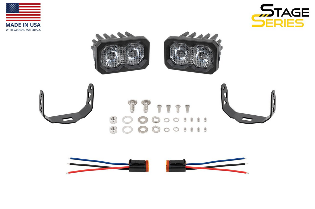Set of fog lights with brackets and wiring on a white background, featuring 'Stage Series' branding.