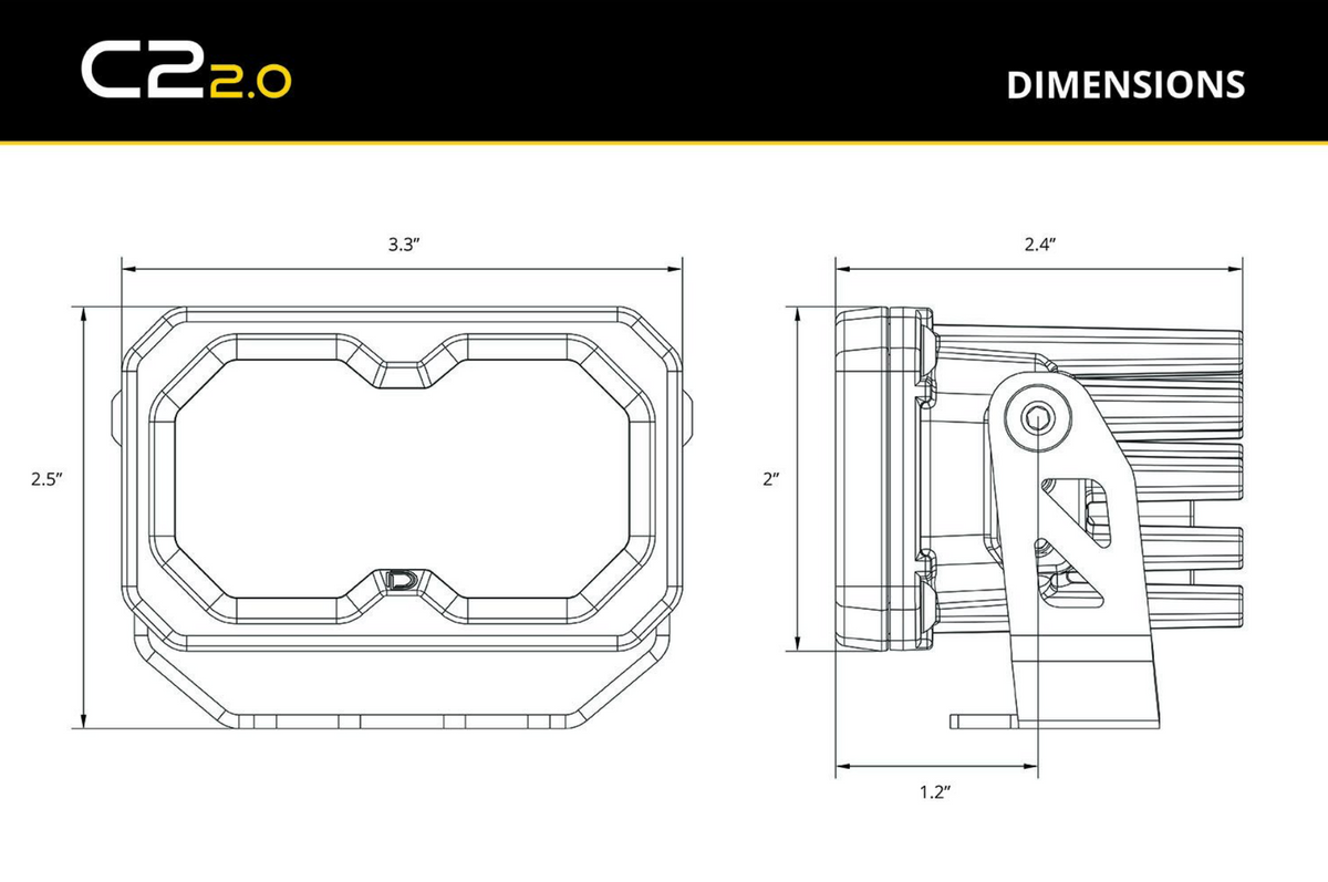 Technical drawings of a product with dimensions labeled, featuring 'C2 2.0' branding.