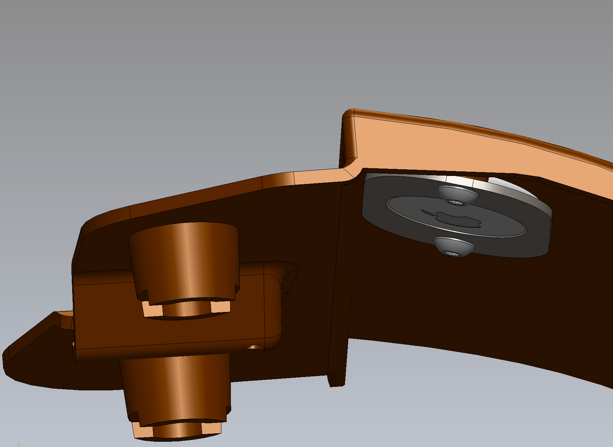 3D model of a mechanical component with brown and metallic finishes on a gray background