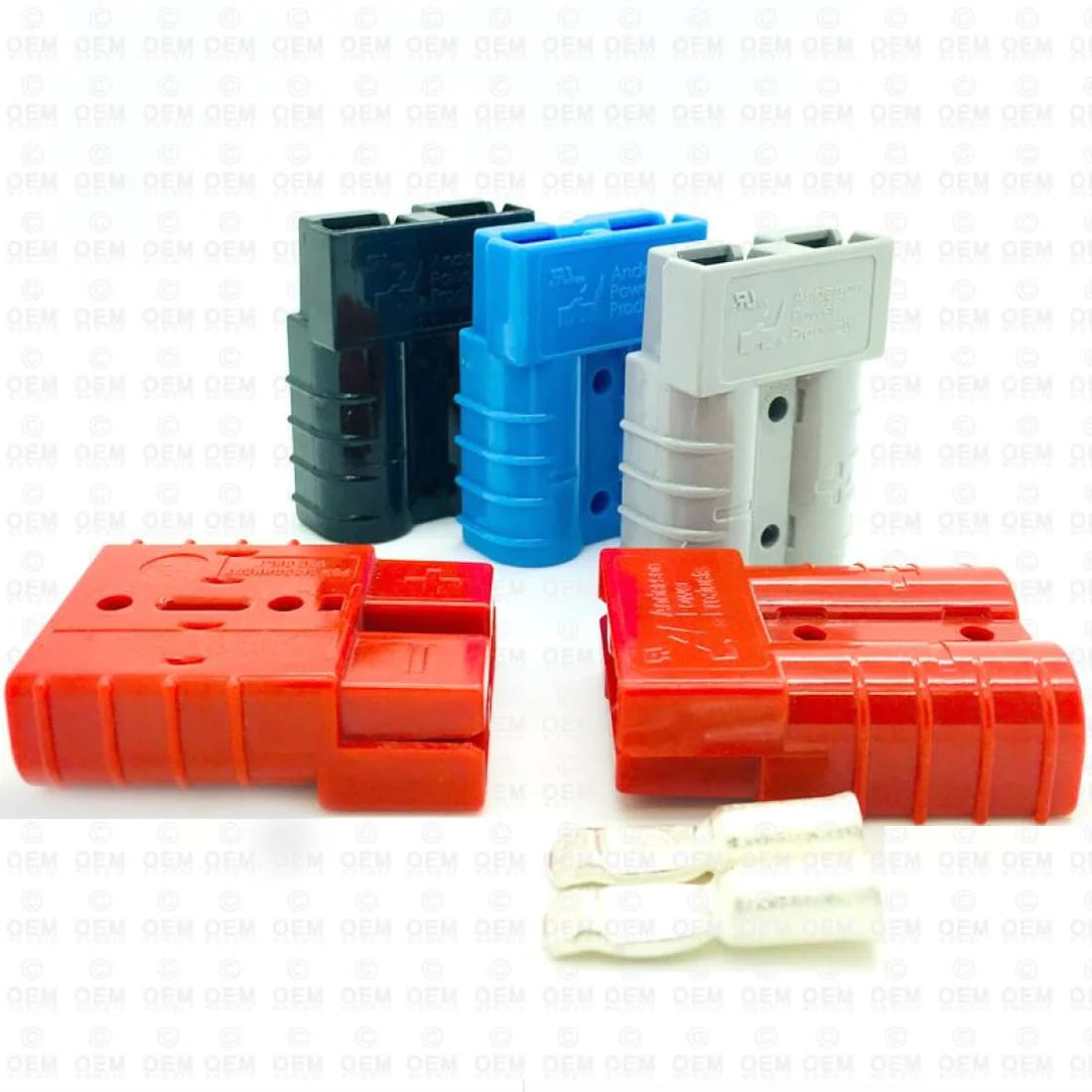 Anderson SB120 connectors, shown in red, black, blue, grey.