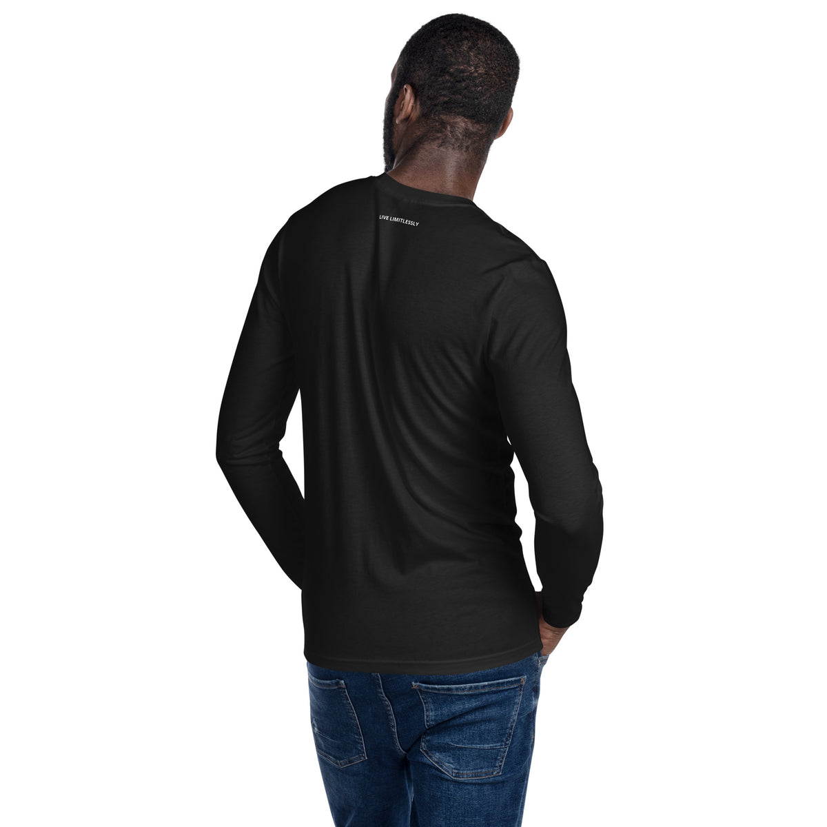 Man wearing a long sleeved black shirt