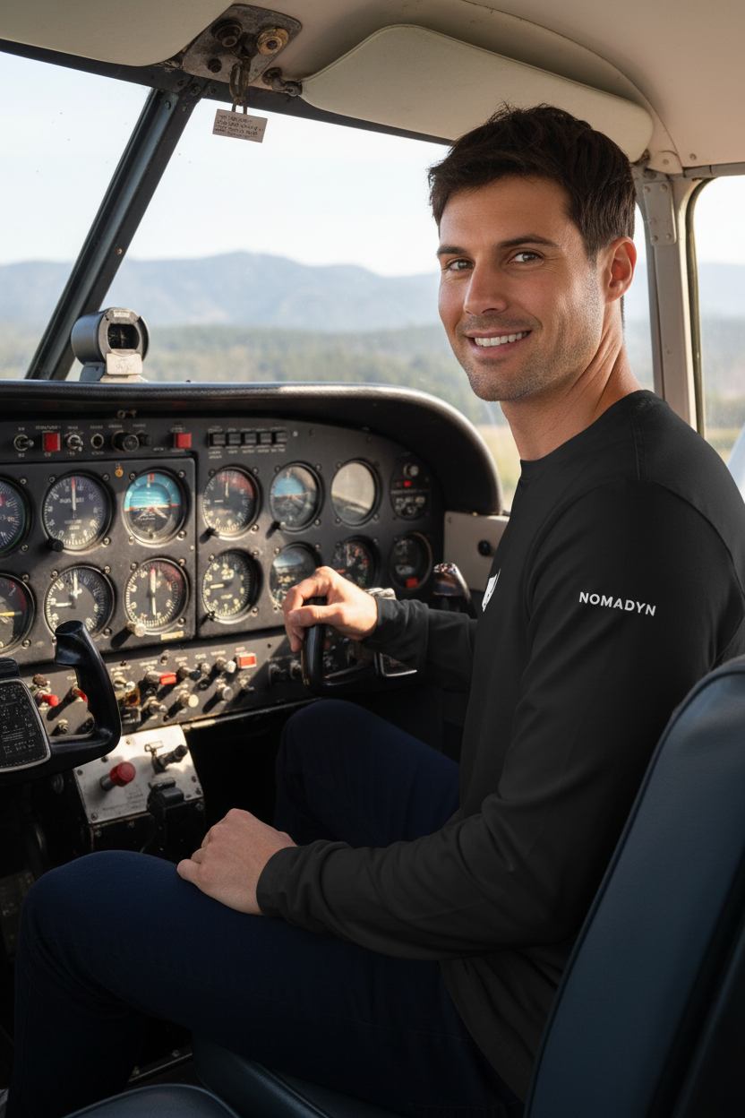 Man sitting in an airplane cockpit with a scenic background