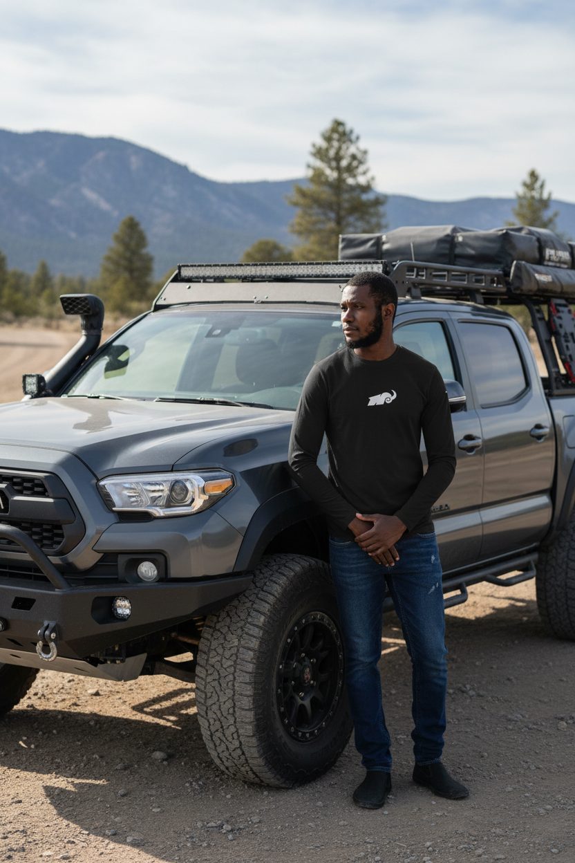 Man standing next to a gray truck with mountains in the background