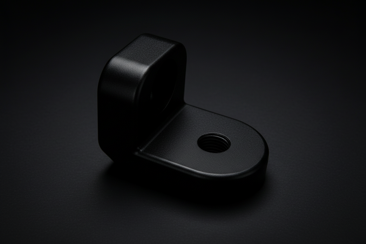 Black metal bracket with threaded hole on a white background